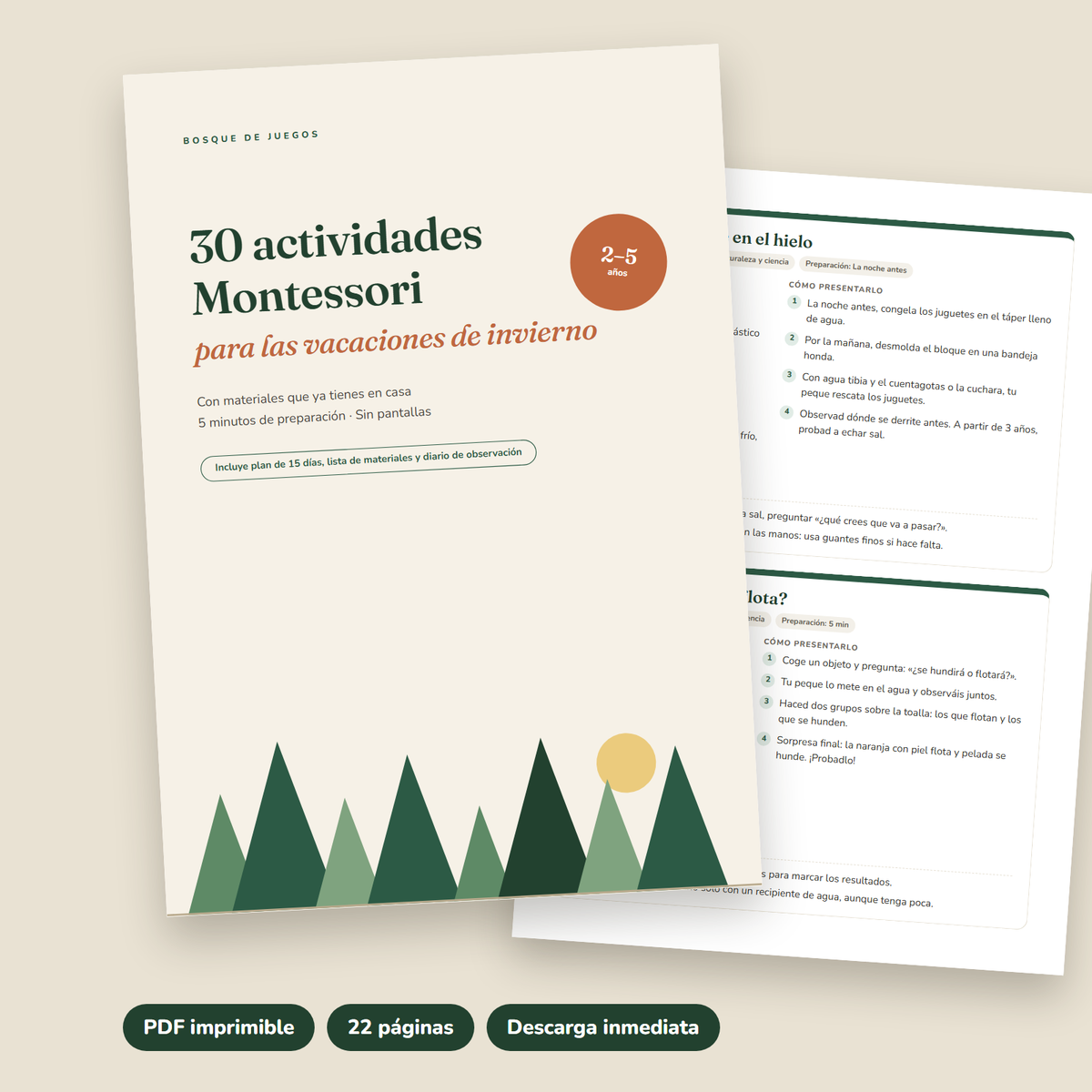 Portada de la guía en PDF «30 actividades Montessori para las vacaciones de invierno», para niños de 2 a 5 años