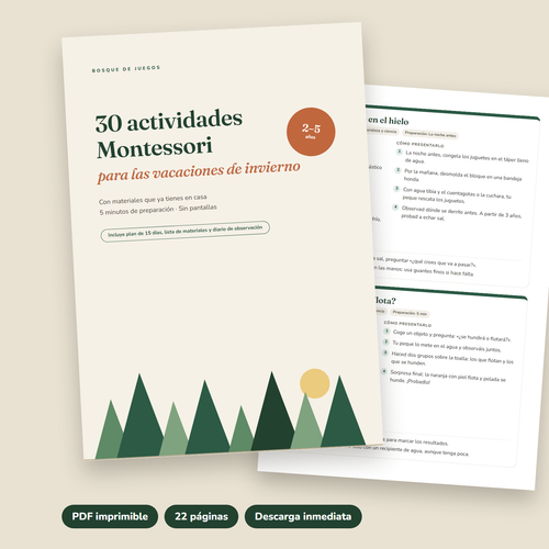 Portada de la guía en PDF «30 actividades Montessori para las vacaciones de invierno», para niños de 2 a 5 años